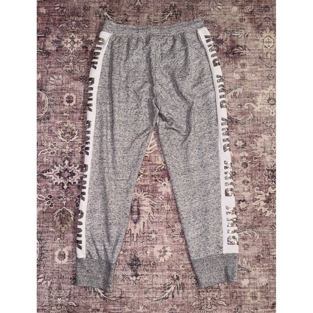 Victoria's Secret PINK Gray Sequin Logo Glitter Stripe Joggers Sweatpants Large - Picture 8 of 9